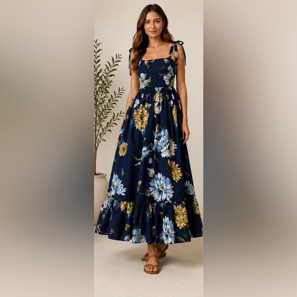 Rachel Zoe Dresses & Skirts - Rachel Zoe Floral Tie Strap Maxi Dress Women’s XS Navy Blue Cottagecore